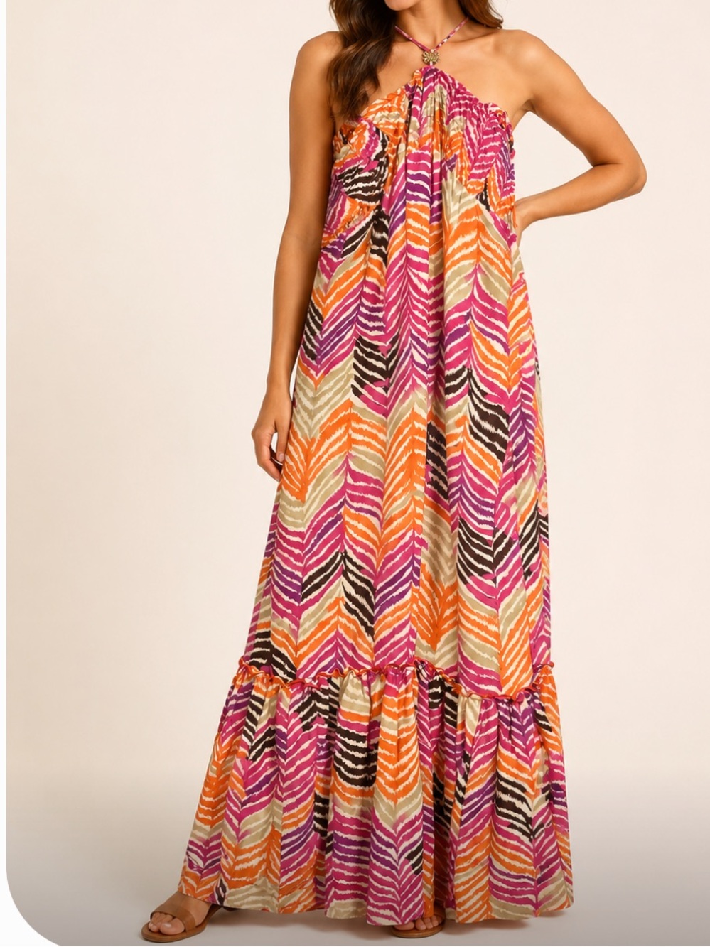 Trina Turk silk tropical vibrant print resort flowy maxi dress emblem 2